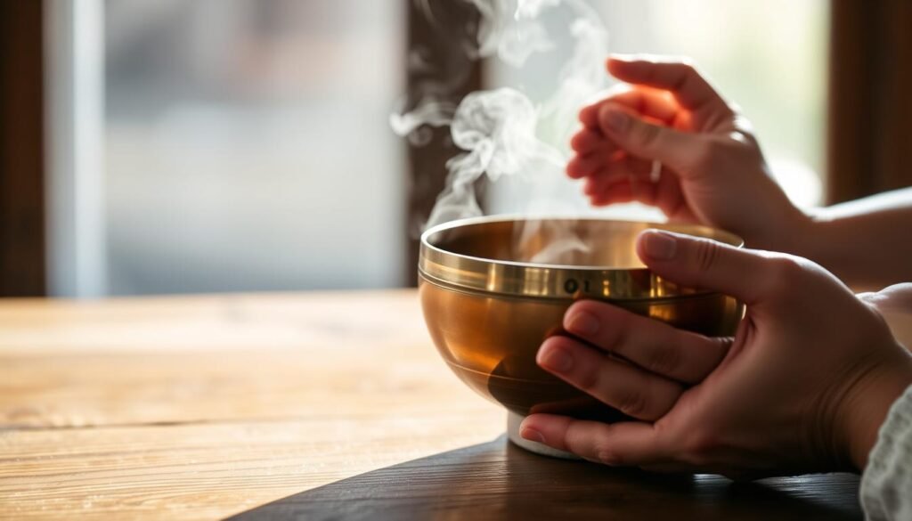 A serene Tibetan bowl rests on a wooden table, its warm bronze hue catching the soft, diffused light filtering through a nearby window. Delicate steam rises from the bowl, hinting at the soothing vibrations within. In the foreground, a person's hands gently hold the bowl, their fingers poised to strike the rim and release a calming, resonant tone. The background is blurred, allowing the viewer to focus on the ritual of sound therapy, a practice believed to harmonize the body's natural rhythms and promote hormonal balance.
