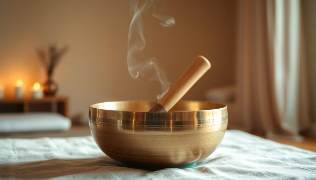 A serene Tibetan singing bowl rests on a soft, beige cloth, its intricate metallic surface reflecting the warm lighting. In the background, a tranquil, dimly lit room with soothing pastel walls sets the stage for a calming, restorative atmosphere. Subtle wisps of incense drift through the air, creating a sense of harmony and balance. The bowl's vibrations, amplified by a delicate hand, resonate with the body, promoting the regulation of hormones and restoring inner equilibrium. This therapeutic scene embodies the essence of Tibetan bowl therapy, a holistic approach to achieving hormonal balance and overall well-being.