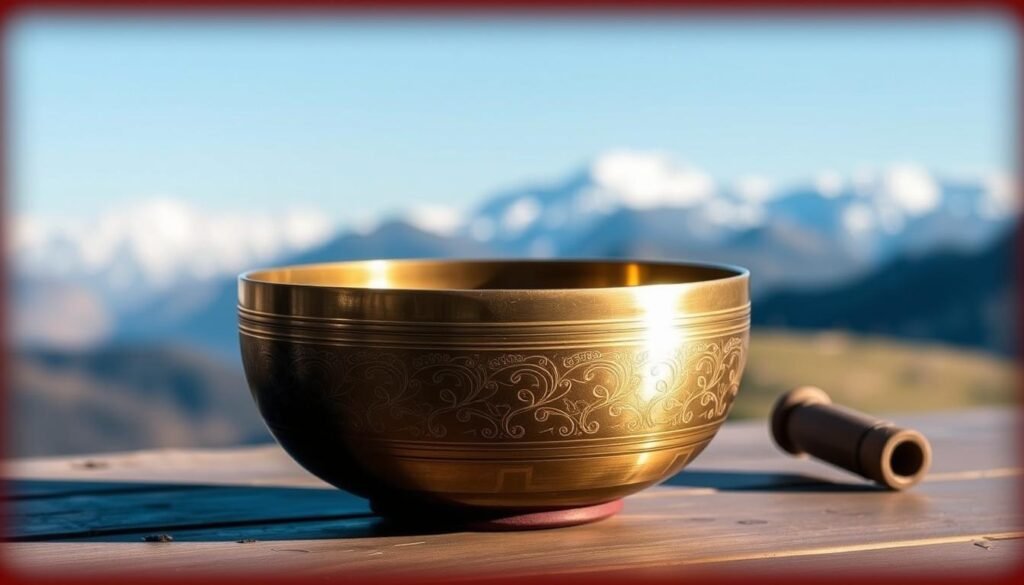 A serene Tibetan singing bowl rests on a wooden table, its burnished bronze surface gleaming under soft, natural lighting. The bowl's delicate pattern and subtle ridges catch the light, inviting a tactile exploration. In the background, a tranquil landscape of rolling hills and distant snow-capped peaks creates a calming, meditative atmosphere. The bowl's position is slightly off-center, drawing the viewer's eye to its captivating form. A subtle, warm-toned vignette frames the scene, heightening the sense of introspection and inner peace. The overall composition evokes the restorative power of Tibetan sound healing, perfectly capturing the essence of "Choosing the Right Tibetan Singing Bowl".