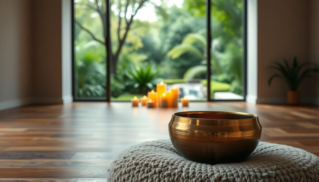 A serene Tibetan singing bowl rests upon a plush, woolen cushion in the foreground, its bronze surface gleaming softly under muted, warm lighting. Surrounding it, a tranquil, minimalist environment unfolds - smooth, polished wood floors, neutral-toned walls, and the gentle flicker of candles in the middle ground. In the background, a large, open window frames a lush, verdant garden, with swaying trees and a hint of a crystalline stream, inviting a sense of nature's restorative energy. An atmosphere of profound calm and introspection permeates the scene, creating the perfect setting to experience the restorative vibrations of a singing bowl sound bath.