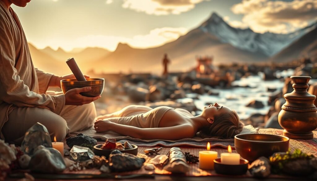 A serene Tibetan soundscape, bathed in warm, soft lighting. In the foreground, a skilled practitioner gently plays a Tibetan singing bowl, its vibrant tones resonating through the air. Surrounded by an arrangement of crystals, herbs, and incense, the scene evokes a sense of ancient wisdom and healing. In the middle ground, a person lies peacefully, their body radiating a calming energy as the sound waves wash over them. The background features a tranquil Himalayan landscape, with snow-capped peaks and a gently flowing stream. An atmosphere of balance, restoration, and inner harmony permeates the scene.
