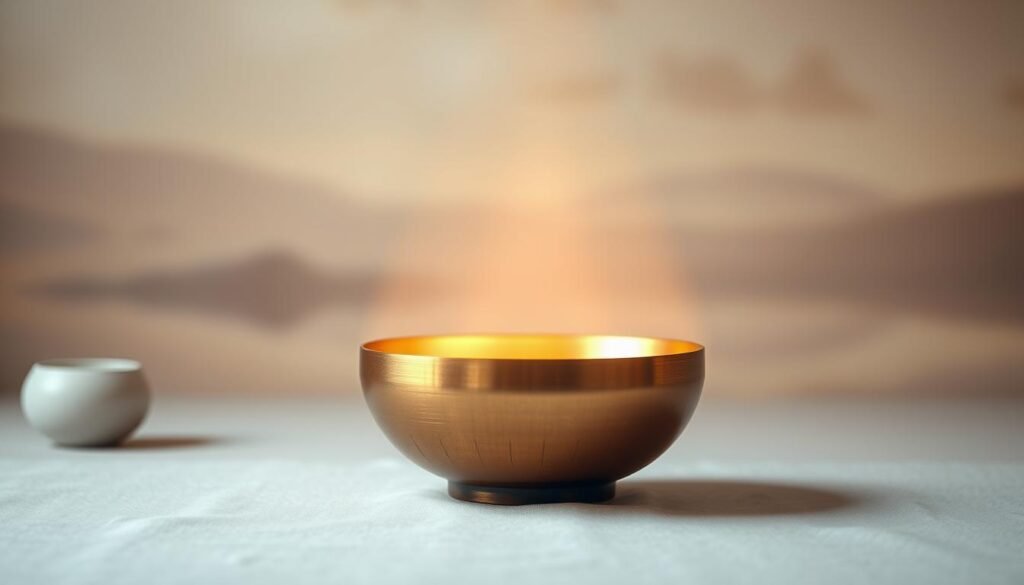 A serene and calming scene of vibrational therapy with a glowing singing bowl levitating amidst a tranquil, minimalist environment. The bowl's vibrations emanate soft, warm light, creating a soothing and meditative atmosphere. The background features a blurred, ethereal landscape with muted, pastel tones, evoking a sense of deep relaxation. The camera angle is slightly elevated, capturing the bowl's mesmerizing oscillations from an empowered perspective. Soft, natural lighting gently illuminates the scene, enhancing the therapeutic and restorative qualities of the singing bowl's vibrations.