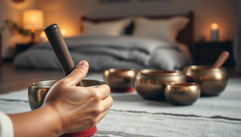 A serene and calming scene showcasing the use of singing bowls for relaxation. In the foreground, a person's hands gently striking a bronze singing bowl, creating a soothing, resonant tone. The middle ground features an arrangement of various singing bowls of different sizes and shapes, each evoking a sense of tranquility. The background depicts a dimly lit, cozy interior with soft lighting, perhaps a meditation space or a bedroom, setting the stage for a peaceful, before-sleep ritual. The image conveys a sense of mindfulness, focus, and the calming effects of the singing bowl's vibrations.