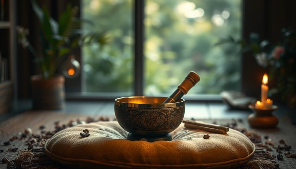A serene and dimly lit interior with a central focus on a handcrafted, ornate singing bowl. The bowl is positioned on a plush, earth-toned cushion, surrounded by scattered crystals, herbs, and incense sticks, creating an atmosphere of tranquility and spiritual cleansing. Soft, warm lighting emanates from behind the bowl, casting a gentle glow and accentuating the intricate details of the bowl's design. In the background, a blurred, ethereal landscape of lush greenery and soothing natural elements sets the scene for a restorative and rejuvenating sound bath experience.