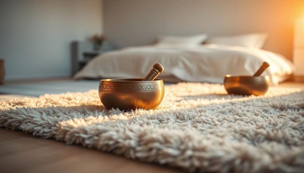 A serene and meditative scene of singing bowls resting on a soft, plush rug. The bowls are bathed in warm, golden light, casting gentle reflections on the surrounding surfaces. In the background, a tranquil, minimalist bedroom setting with muted tones and clean lines, evoking a sense of calming simplicity. The overall atmosphere is one of peaceful contemplation, inviting the viewer to experience the soothing and restorative power of sound on sleep quality.