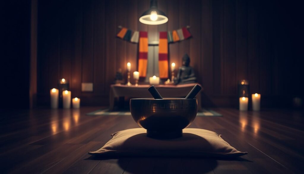 A serene and tranquil Tibetan singing bowl rests in the foreground, casting a warm, golden glow upon the meditation cushion beneath it. In the middle ground, a peaceful and minimalist altar space features sacred Tibetan iconography, including a small Buddha statue and delicate prayer flags. The background showcases a dimly lit, cozy room with wooden floors and walls, creating a cocooning, calming atmosphere. Soft, ambient lighting from candles and a single overhead light fixture illuminate the scene, casting gentle shadows and highlights. An overarching sense of reverence, simplicity, and spiritual connection permeates the space.