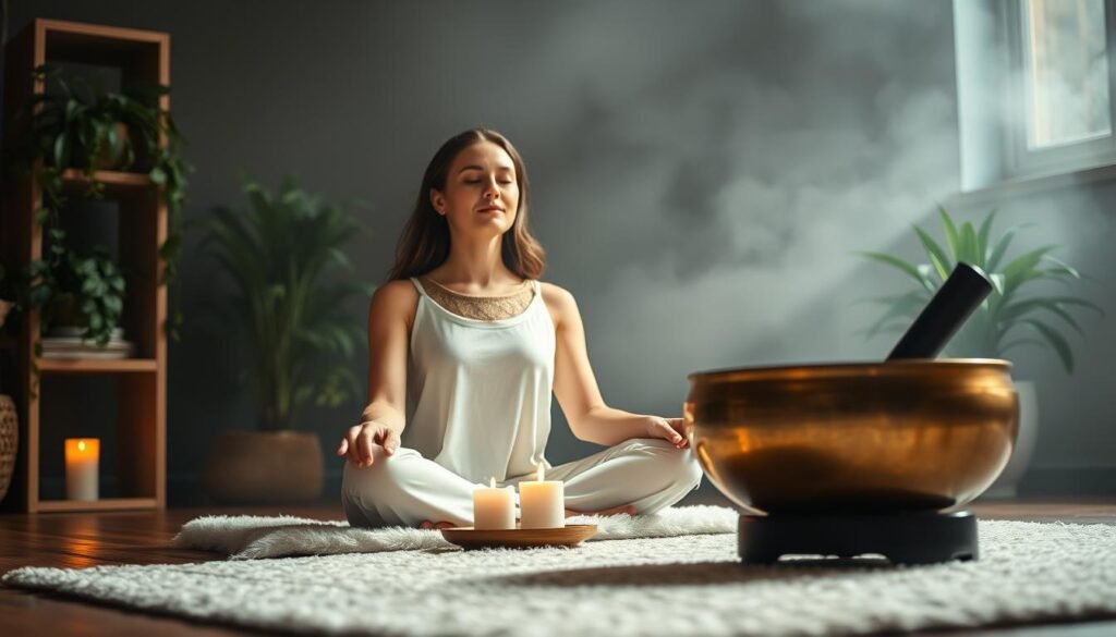 A serene and tranquil scene of a woman in a dimly lit room, sitting cross-legged on a plush rug, her eyes closed in deep meditation. In the foreground, a gleaming singing bowl rests on a small wooden table, its metallic hues reflecting the soft, warm glow of a single candle flickering nearby. The middle ground features lush, verdant plants cascading from shelves, creating a lush, natural atmosphere. The background is shrouded in a hazy, ethereal mist, suggesting a sense of otherworldly calm and focus. Soft, ambient lighting bathes the scene, creating a soothing, therapeutic ambiance. The overall mood evokes a harmonious fusion of ancient healing practices and modern wellness, perfectly capturing the essence of "singing bowl therapy for fertility".