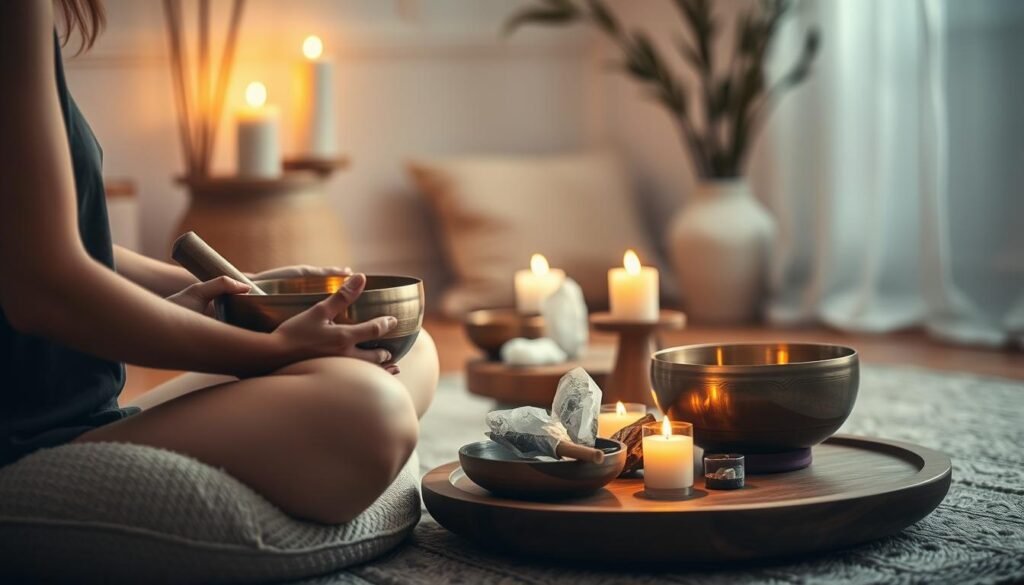 A serene and tranquil scene of an energy clearing ritual with singing bowls. In the foreground, a person sits cross-legged on a plush meditation cushion, holding a pair of singing bowls that emit a soothing, resonant hum. Flickering candlelight casts a warm, golden glow, creating a contemplative atmosphere. In the middle ground, an arrangement of quartz crystals, sage bundles, and other sacred objects are placed on a wooden altar, signifying the intention to cleanse and balance the energetic field. The background is softly blurred, depicting a cozy, minimalist space with natural textures and muted tones, allowing the ritual to take center stage. Soft, diffused lighting from unseen sources creates an ethereal, meditative ambiance.