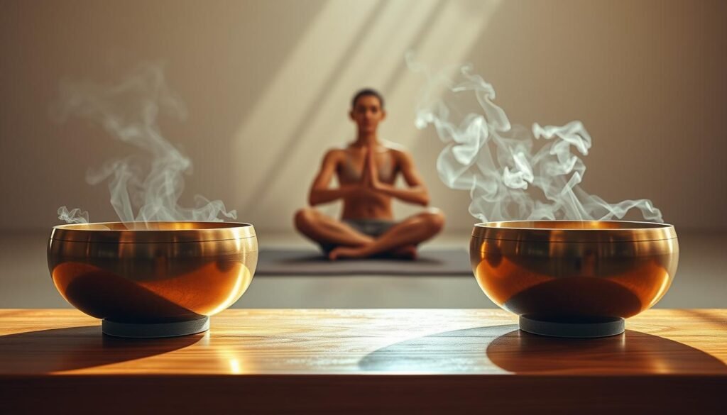 A serene and tranquil scene of singing bowls gently radiating energy. In the foreground, three exquisitely crafted bronze singing bowls sit upon a wooden table, their surfaces reflecting the soft, warm lighting. Wisps of fragrant incense drift around the bowls, creating an ethereal, calming atmosphere. In the middle ground, a meditating figure sits cross-legged, their hands resting peacefully on their lap as they bask in the restorative vibrations of the bowls. The background depicts a minimalist, zen-inspired space with clean lines and natural textures, emphasizing the meditative and cleansing nature of the ritual. The overall composition evokes a sense of balance, harmony, and a deep connection to the healing power of sound.