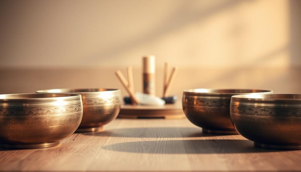 A serene arrangement of Tibetan singing bowls on a wooden surface, bathed in soft, warm lighting. The bowls are placed in the foreground, showcasing their intricate textures and metallic sheen. In the middle ground, a meditative display of incense sticks and crystals creates a calming atmosphere. The background is blurred, suggesting a tranquil, minimalist setting, free from distractions, allowing the viewer to focus on the soothing energy of the singing bowls. The image conveys a sense of harmony and mindfulness, inviting the viewer to experience the restorative power of Tibetan sound therapy.