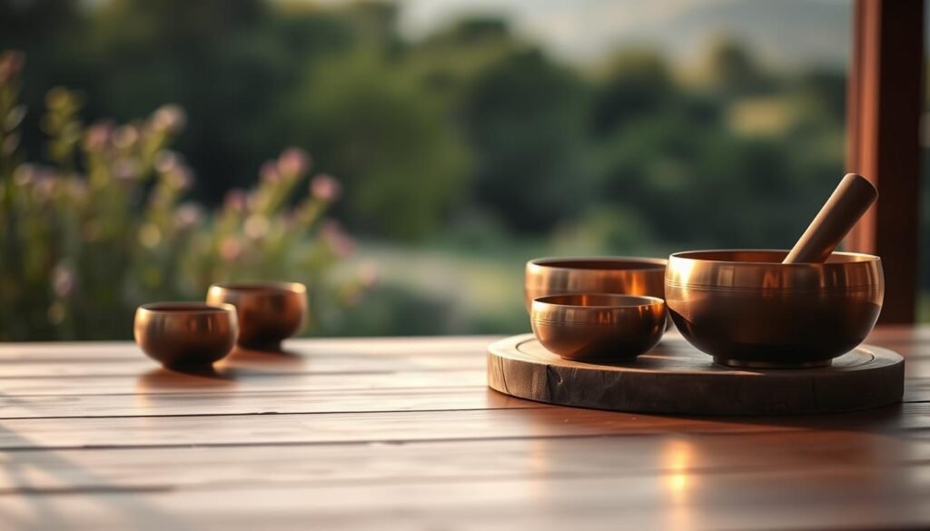 A serene arrangement of Tibetan singing bowls resting on a wooden surface, illuminated by soft, warm lighting. The bowls are in varying sizes and colors, casting gentle reflections on the surface. In the background, a blurred natural landscape with lush greenery and a muted color palette creates a calming, meditative atmosphere. The scene exudes a sense of tranquility and harmony, inviting the viewer to experience the restorative power of sound healing.