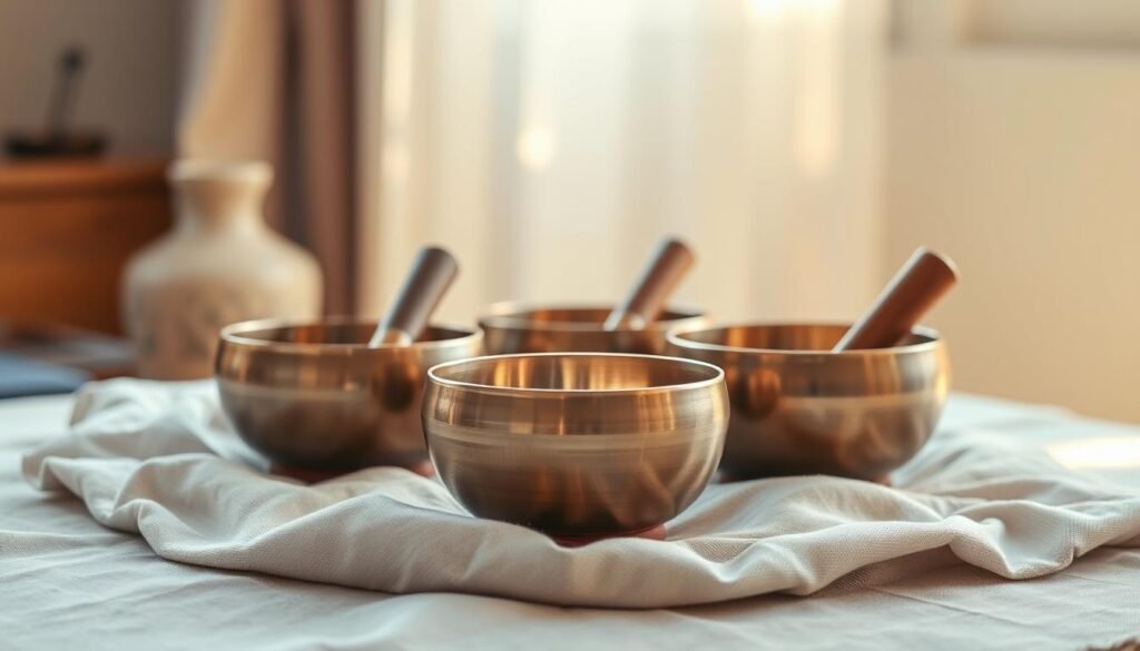 A serene arrangement of Tibetan singing bowls rests on a soft, linen cloth. The bowls, in a range of sizes and muted metallic hues, are positioned with care, their surfaces reflecting the warm, diffused light from a nearby window. The scene evokes a sense of tranquility and resonance, inviting the viewer to experience the soothing vibrations and harmonious tones associated with these ancient instruments. The overall composition suggests a contemplative and rejuvenating atmosphere, perfectly suited for a section on Tibetan bowl techniques for hormonal health and fertility.