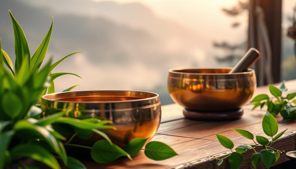 A serene arrangement of Tibetan singing bowls, their bronze surfaces gleaming under soft, warm lighting. The bowls are placed on a wooden table, surrounded by lush, verdant plants that symbolize fertility and new life. The scene exudes a sense of tranquility and healing, inviting the viewer to experience the restorative power of the bowls' soothing vibrations. In the background, a hazy, dreamlike landscape suggests a connection to the mystical Himalayan region. The overall composition evokes a calming, meditative atmosphere, capturing the essence of Tibetan bowl therapy and its potential to harmonize hormones and boost fertility.