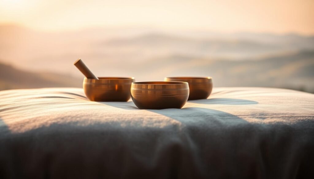 A serene arrangement of bronze singing bowls resting on a soft, gray velvet surface. The bowls are illuminated by warm, diffused lighting, casting gentle reflections on the velvet. In the background, a blurred, muted landscape with rolling hills and a tranquil sky creates a calming, meditative atmosphere. The composition emphasizes the simplicity and beauty of the singing bowls, inviting the viewer to experience their soothing tones and vibrations for deep, restful sleep.