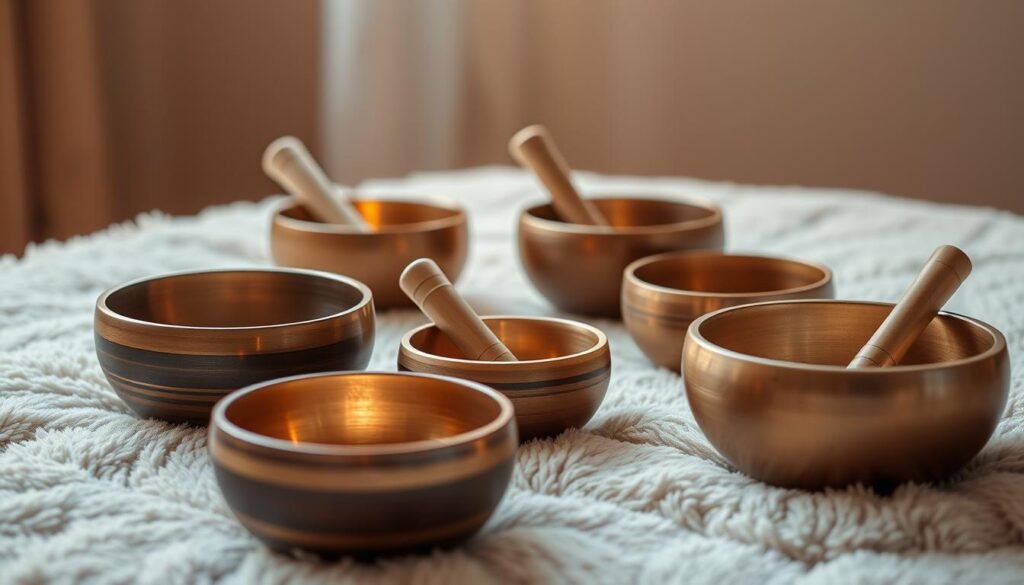 A serene arrangement of handcrafted singing bowls resting on a soft, plush surface. The bowls are in varying sizes and tones, exuding a calming, harmonious presence. Warm, diffused lighting bathes the scene, creating a soothing, meditative atmosphere. The bowls are positioned in a thoughtful, symmetrical layout, hinting at their use for therapeutic purposes. The image conveys a sense of tranquility and balance, inviting the viewer to experience the resonance and vibrations of the singing bowls and their potential to enhance female fertility.