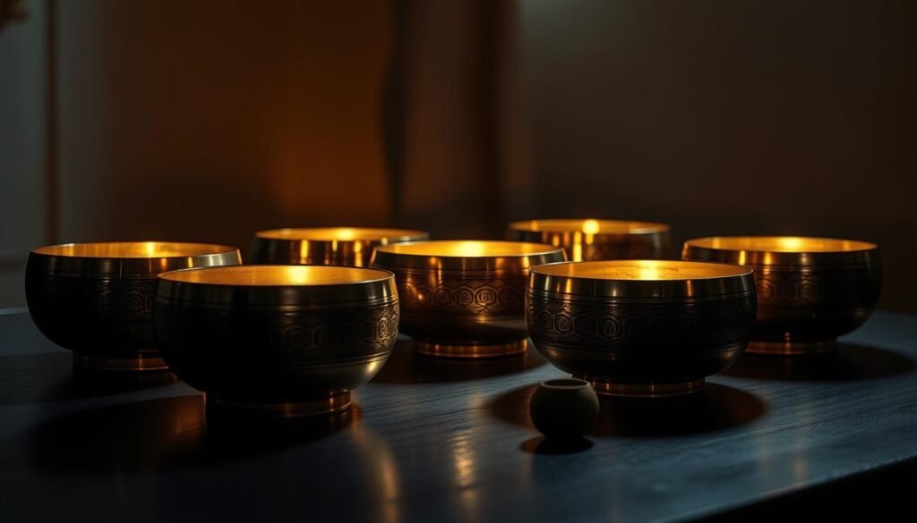 A serene arrangement of mystical sound bowls rests upon a tranquil, dimly lit surface. The bowls, crafted from gleaming bronze and etched with intricate patterns, emit a soft, soothing glow. Ambient lighting casts a warm, meditative atmosphere, creating an immersive sensory experience. The bowls are positioned in a visually harmonious layout, inviting the viewer to engage in a calming, restorative ritual. Subtle shadows and highlights accentuate the sculptural forms, while the overall composition evokes a sense of balance and harmony, perfectly suited for enhancing sleep and relaxation.