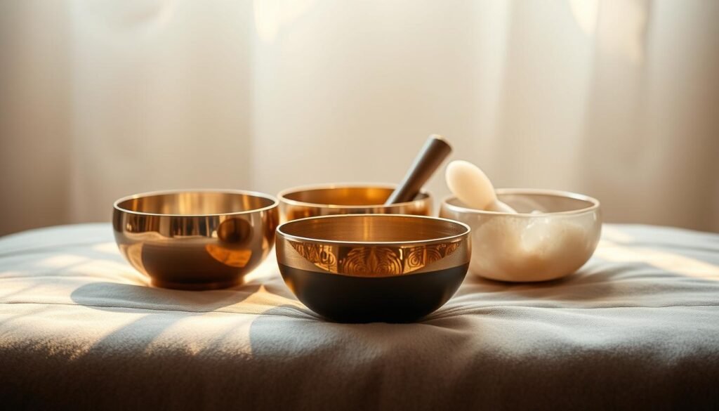A serene arrangement of silver, bronze, and crystal sound bowls resting on a soft, gray velvet surface. The bowls are illuminated by warm, ambient lighting, casting gentle shadows that accentuate their organic, sculptural forms. The scene evokes a sense of tranquility and invites the viewer to experience the calming, meditative properties of these ancient healing tools. The camera angle is slightly elevated, capturing the bowls in a thoughtful, contemplative composition that suggests their potential to aid in sleep and relaxation.