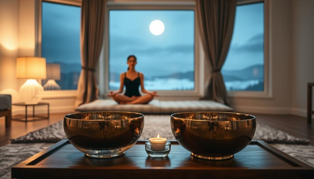 A serene bedroom scene with a focus on a low table holding a set of crystal sound bowls. The bowls are positioned in the foreground, their polished surfaces reflecting the soft, warm lighting from a nearby lamp. In the middle ground, a person sits cross-legged on a plush rug, eyes closed, deeply immersed in a sound bath meditation. The background features a large window overlooking a peaceful, moonlit landscape, creating a calming, atmospheric setting. The overall mood is one of tranquility and relaxation, perfectly suited for exploring sleep improvement techniques with sound bowls.