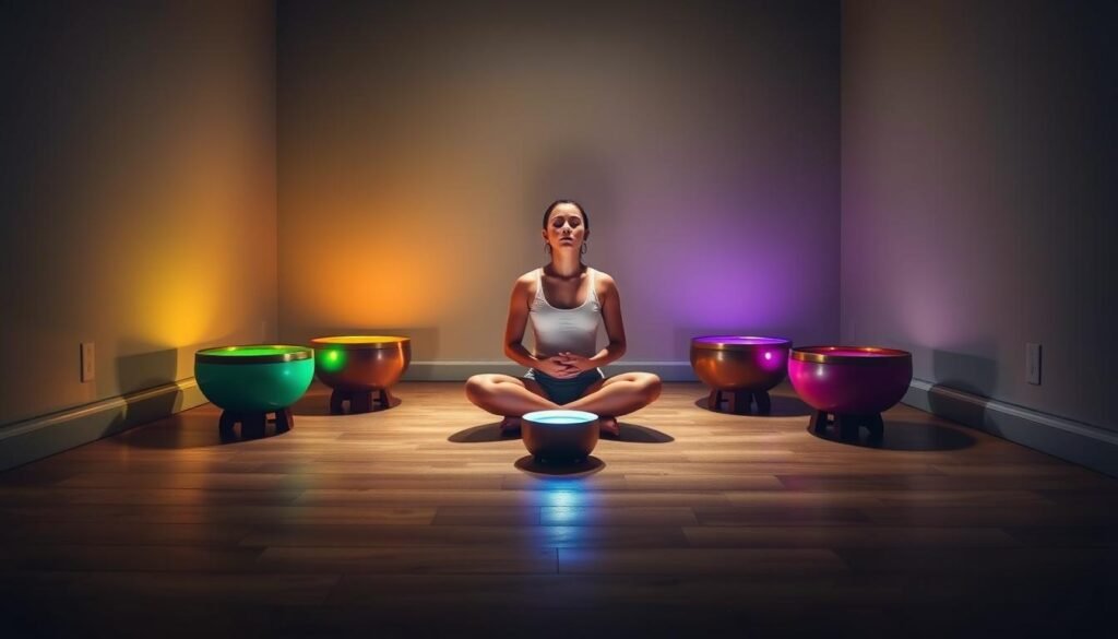 A serene, dimly lit room with a wooden floor and sage-colored walls. In the center, a person sits cross-legged, hands resting on their lap, eyes closed in meditation. Surrounding them are seven singing bowls, each glowing softly in a different vibrant color, representing the seven chakras. The bowls emit a soothing, resonant hum, creating a tranquil, meditative atmosphere. Soft, warm lighting filters in from unseen sources, casting a gentle glow on the scene. The overall mood is one of introspection, balance, and the harmonious integration of mind, body, and spirit.