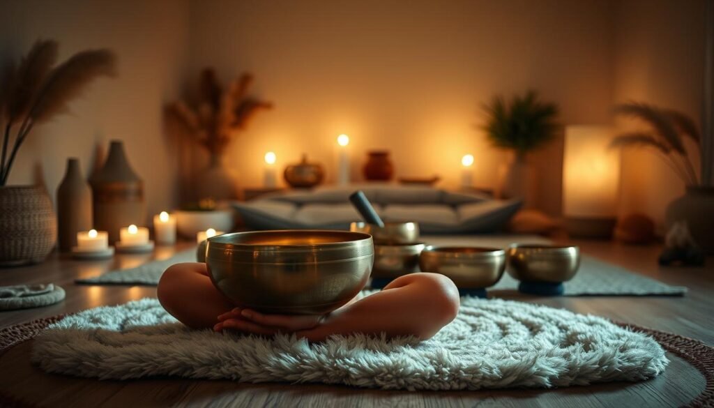 A serene, dimly lit room with natural textures and soothing lighting. In the foreground, a person sits cross-legged on a plush rug, holding a bronze singing bowl in their palms. The bowl's vibrant gong resonates, creating a calming, meditative atmosphere. In the middle ground, several other singing bowls are arranged, their sizes and tones varying. Soft, diffused light from candles or lamps bathes the scene, evoking a sense of tranquility and focus. The background features earthy tones and natural elements, such as crystals, plants, or a minimalist altar, further enhancing the sacred, nourishing ambiance for fertility support.