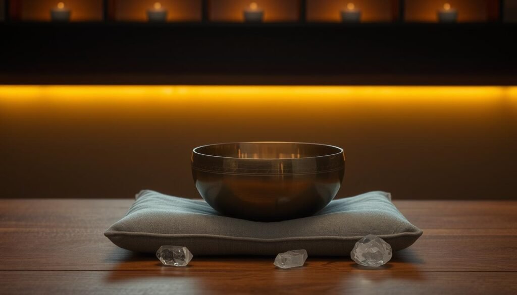 A serene, dimly lit room with warm, ambient lighting illuminating a wooden table. On the table, a carefully positioned singing bowl sits atop a soft, gray cushion, its bronze surface gleaming. The bowl is surrounded by delicate quartz crystals, their facets catching the gentle light. The scene exudes a sense of tranquility and focus, inviting the viewer to pause, breathe deeply, and become immersed in the meditative experience of the singing bowl's resonant tones. The overall atmosphere is one of relaxation, balance, and a connection to the natural world.