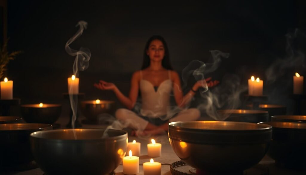 A serene, dimly lit sanctuary filled with the soothing vibrations of crystal singing bowls. In the foreground, a woman sits cross-legged, her palms open, bathed in the soft, warm glow of candlelight. Delicate wisps of incense drift through the air, creating an atmosphere of tranquility and focus. In the middle ground, the singing bowls stand in a circular arrangement, their surfaces reflecting the flickering flames. The background fades into a hazy, dreamlike landscape, hinting at the connection between sound, energy, and the natural world. Soft, muted tones evoke a sense of healing, balance, and the potential for fertility.