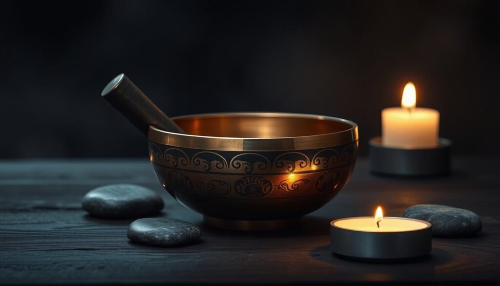 A serene, dimly lit scene of a singing bowl for sleep, resting on a dark wooden surface. The bowl is crafted from polished bronze, its intricate patterns and curves catching the soft, warm light from a nearby candle. The bowl is surrounded by a few smooth river stones, adding a natural, grounding element to the composition. The background is hazy and out-of-focus, creating a sense of tranquility and focus on the central object. The lighting is soft and moody, casting gentle shadows that accentuate the bowl's form. The overall atmosphere is calming, inviting the viewer to experience the soothing, meditative qualities of the singing bowl.