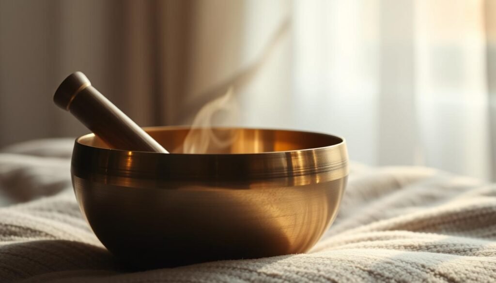 A serene, dimly lit scene of a singing bowl resting on a soft, plush surface. The bowl is depicted in exquisite detail, its burnished bronze surface catching the warm glow of subtle lighting. The bowl's rim is gently struck, sending rippling vibrations across its surface, representing the soothing and restorative effects of its use. The background is slightly blurred, conveying a sense of focus on the bowl as the central element. The overall mood is one of tranquility and healing, alluding to the benefits the singing bowl can bring to female fertility.