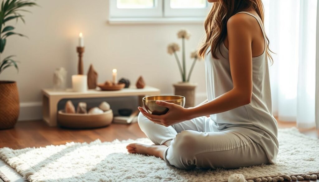 A serene energy-cleansing ritual unfolds, with a person sitting cross-legged on a plush rug, delicately holding a singing bowl. Soft natural light filters through a window, casting a warm glow on the scene. The bowl's soothing vibrations resonate, creating a calming soundscape that promotes mindfulness and inner peace. In the background, a simple altar displays crystals, incense, and other sacred objects, reinforcing the meditative atmosphere. Careful attention to detail and technique is crucial to avoid common mistakes, ensuring the energy cleansing is truly effective.