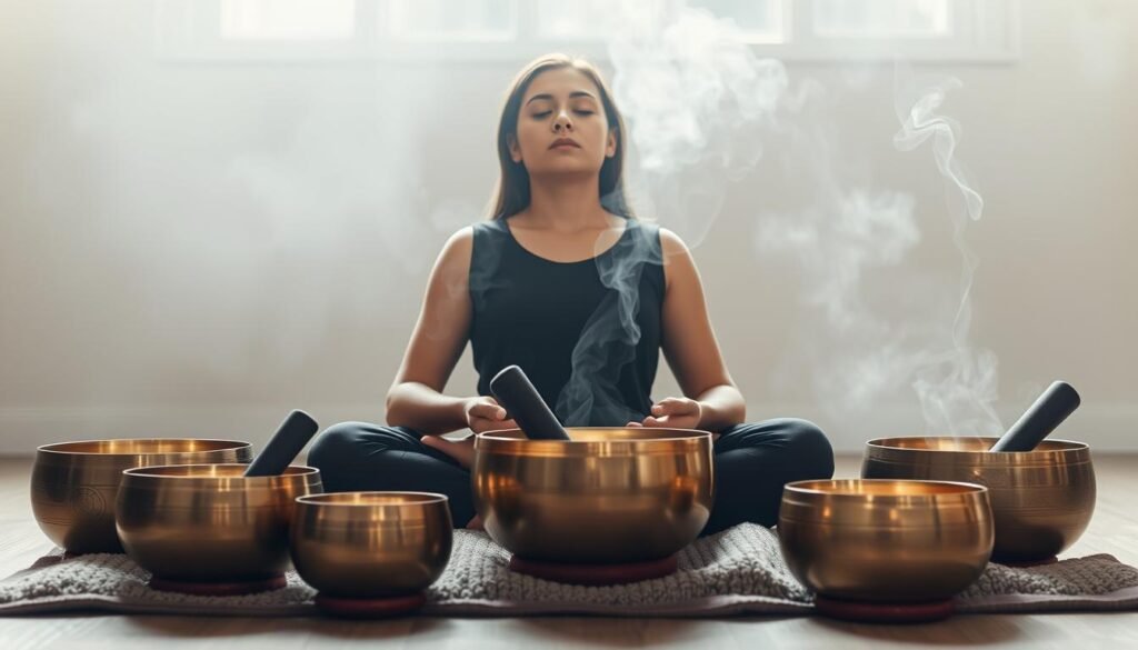 A serene figure sits cross-legged on a plush meditation cushion, eyes closed in deep contemplation. Ornate singing bowls of varying sizes surround them, their brass surfaces gleaming under soft, diffused lighting. A sense of tranquility permeates the scene, as the participant's hands gently caress the bowls, coaxing out their soothing, resonant tones. The background is hazy, with a faint wisp of incense drifting through the air, creating an atmosphere of profound introspection and spiritual connection. The overall composition evokes a calming, meditative energy, perfectly capturing the essence of a singing bowl meditation practice.