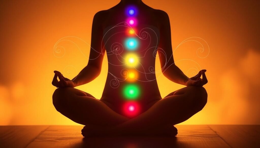 A serene figure sits cross-legged, palms facing upwards, in a meditative pose. The background is a warm, hazy gradient, casting a soft, diffused light. Chakras along the spine gently glow, their vibrant colors radiating outward. Intricate, swirling energy patterns weave through the air, creating a sense of tranquility and inner balance. The lighting is natural, with subtle shadows and highlights accentuating the contours of the body. The camera angle is slightly elevated, giving a calm, observational perspective. This image conveys the peace and harmony of chakra balancing, a practice often misunderstood as part of a sound bath experience.