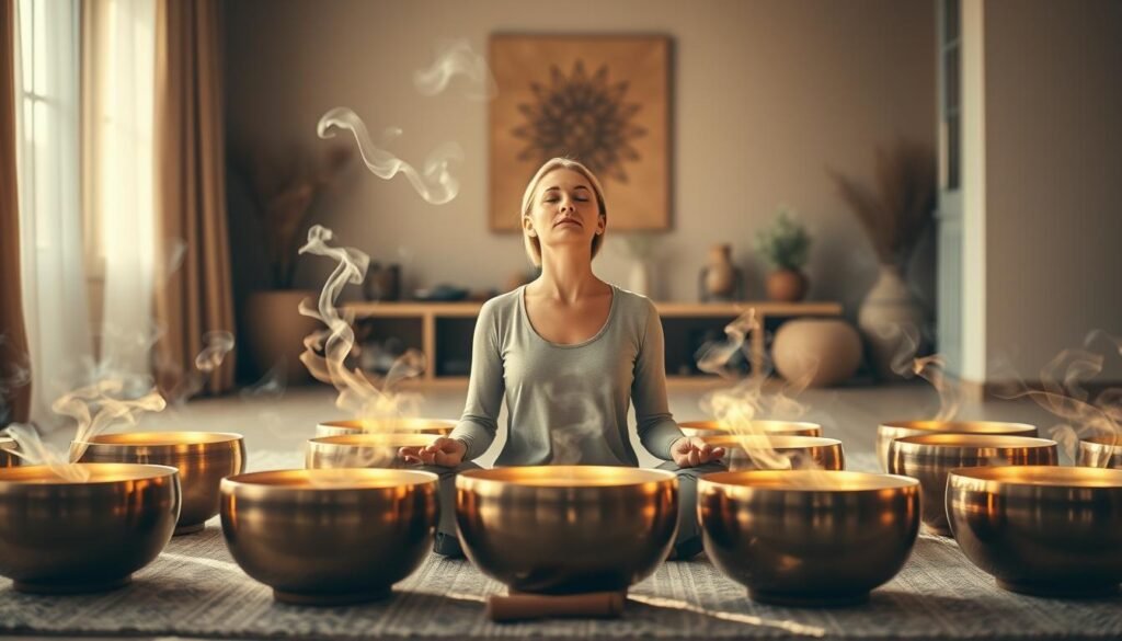 A serene home interior, bathed in warm, natural lighting. In the foreground, a person sits cross-legged on the floor, their eyes closed in deep meditation, surrounded by an array of gleaming singing bowls. The bowls emit a soft, ethereal glow, their vibrations visibly rippling through the air, cleansing and energizing the space. In the middle ground, wisps of fragrant incense swirl and drift, creating a calming, meditative atmosphere. The background features a minimalist, Zen-inspired decor, with natural textures and muted tones, further enhancing the sense of tranquility and focus. The overall scene conveys a profound experience of energy purification and spiritual awakening through the ritual use of singing bowls.