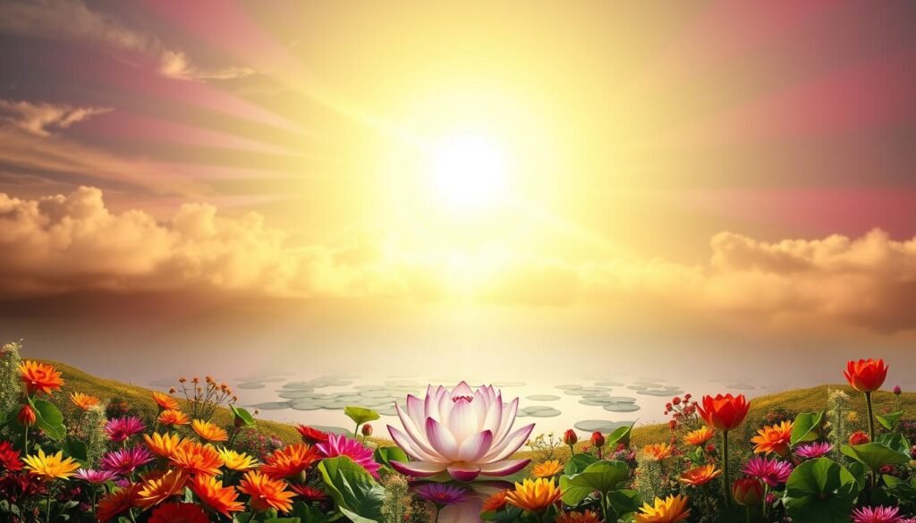 A serene landscape with a vibrant chakra energy field radiating from the center. In the foreground, a lush, blooming floral arrangement in shades of red, orange, yellow, green, blue, and purple symbolizes the seven chakras. The middle ground features a tranquil pond with a lotus flower in full bloom, representing fertility and spiritual awakening. In the background, a warm, golden light filters through wispy clouds, creating a calming, meditative atmosphere. The scene is captured with a soft, dreamlike focus, conveying a sense of harmony and balance between the physical and the metaphysical.