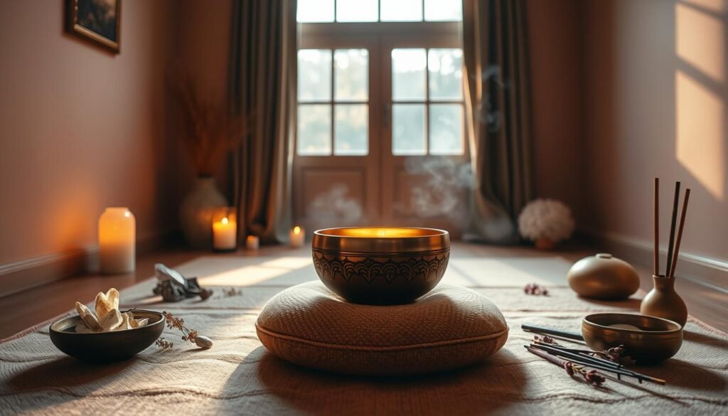 A serene meditation room bathed in warm, soft lighting. In the center, a delicate singing bowl rests on a plush, earth-toned cushion, its intricate metallic patterns reflecting the gentle glow. Surrounding the bowl, an arrangement of crystals, dried flowers, and incense sticks create a soothing, calming atmosphere. The room's walls are painted in a tranquil, muted color palette, inviting a sense of peace and introspection. A large window allows natural light to filter in, casting a dreamy, ethereal ambiance over the entire scene. The overall mood is one of relaxation, renewal, and the nurturing potential of sound healing for female fertility.