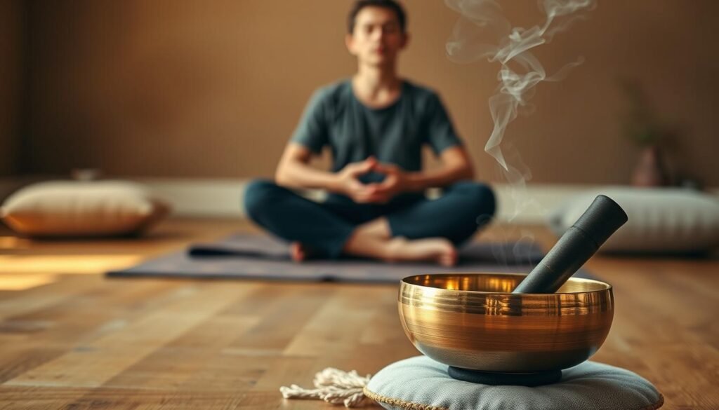 A serene meditation scene featuring a Tibetan singing bowl in the foreground, resting on a cushion on a wooden floor. The bowl's brass surface reflects the warm lighting, as wisps of fragrant incense drift through the air. In the middle ground, a person sits cross-legged, their eyes closed in deep contemplation, palms gently resting on their lap. The background is softly blurred, revealing a tranquil space with muted earth-toned walls, perhaps a dedicated meditation room or a cozy corner of a larger living area. The overall atmosphere is one of deep relaxation, mindfulness, and the calming energy of the Tibetan singing bowl.
