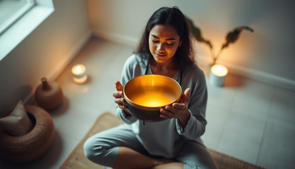 A serene meditation scene featuring a person in a cross-legged position, holding a singing bowl in their hands. The bowl emits a soft, ethereal glow, illuminating the practitioner's face with a warm, contemplative expression. The background is a tranquil, dimly lit room with minimalist decor, creating a calming atmosphere. The lighting is soft and diffused, highlighting the textures of the singing bowl and the practitioner's hands. The camera angle is slightly elevated, capturing the scene from an overhead perspective, conveying a sense of peaceful introspection.