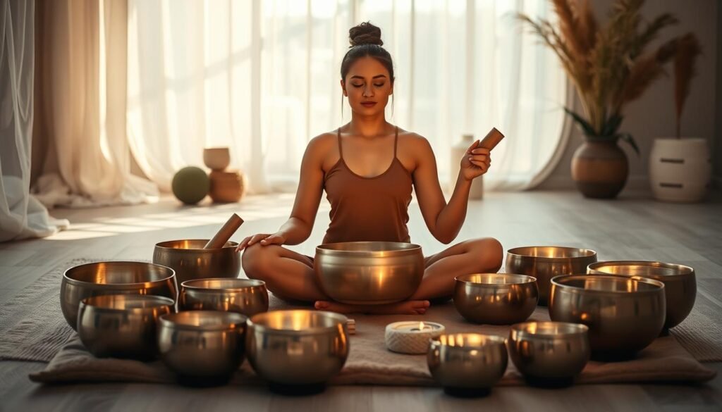 A serene meditation scene with a person sitting cross-legged on a plush, earth-toned cushion, surrounded by an array of shimmering singing bowls in various sizes. Soft, diffused lighting filters through the space, casting a warm, calming glow. In the background, a tranquil, minimalist environment with muted tones and simple, natural elements, such as drapery or potted plants, to create a soothing, sanctuary-like atmosphere. The model's expression is one of deep focus and tranquility, as they gently strike the singing bowls, their resonant tones filling the air and enveloping the space. An overall sense of balance, harmony, and fertility-enhancing energy pervades the scene.