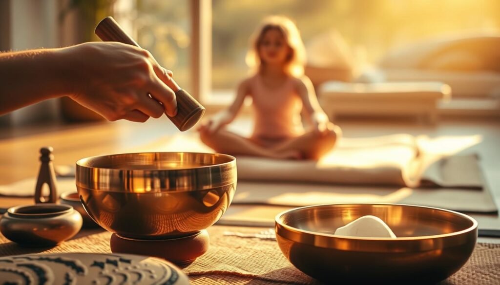 A serene meditation space, bathed in warm golden light. In the foreground, a skilled pair of hands delicately strikes a shiny singing bowl, eliciting a soothing, resonant tone that ripples through the air. In the middle ground, various meditation tools are arranged - incense, crystals, and a plush cushion on which a person sits cross-legged, eyes closed, deeply immersed in the moment. The background is softly blurred, hinting at a tranquil, nature-inspired setting, perhaps with a hint of foliage or a calming water feature. The overall atmosphere is one of mindfulness, relaxation, and the calming power of sound.