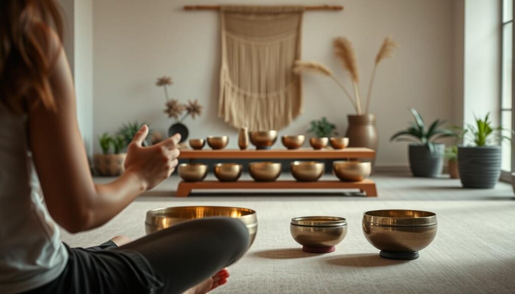 A serene meditation space filled with the calming presence of singing bowls. In the foreground, a person sits cross-legged, palms upturned, as they gently strike a bronze singing bowl, its resonant tones filling the air. Soft, diffused lighting illuminates the scene, casting a warm, soothing glow. In the middle ground, an array of various-sized singing bowls arranged on a wooden altar, each waiting to be played. The background features a minimalist, zen-inspired setting with natural elements like potted plants and a simple wall hanging, creating a tranquil, purifying atmosphere for the energy cleansing ritual.