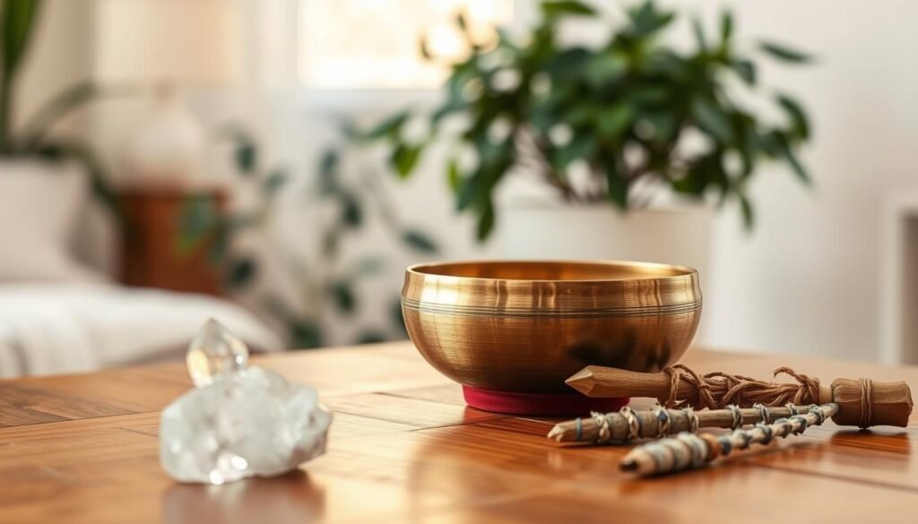 A serene meditation space with a wooden table showcasing a bronze singing bowl, its surface gleaming under soft, warm lighting. Crystalline quartz points and a sprig of sage create a tranquil, ritualistic ambiance. In the background, a blurred, lush indoor plant completes the calming, nature-inspired setting - a perfect backdrop to deepen one's mindfulness practice.