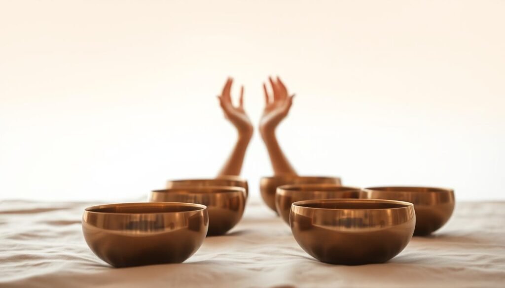 A serene, minimalist scene of several polished bronze singing bowls arranged on a soft, textured fabric in the foreground. The bowls are positioned in a harmonious, balanced composition, their rims gently reflecting the warm, diffused lighting from above. In the middle ground, the silhouettes of two women's hands gently caressing the rims, coaxing out the bowls' deep, resonant tones. The background is a tranquil, out-of-focus setting, suggesting a calming, meditative atmosphere. The overall mood is one of healing, fertility, and the power of vibration to restore balance and well-being.