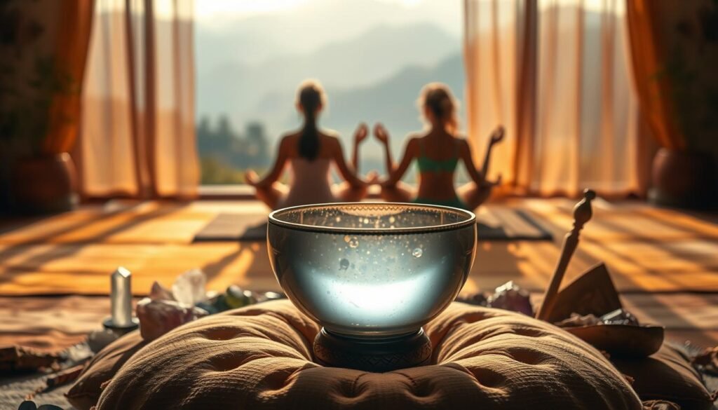 A serene sanctuary bathed in warm, golden light. In the foreground, a crystal singing bowl rests on a plush, earth-toned cushion, its surface gently vibrating. Surrounding it, an array of healing crystals, sage, and other ritual objects. In the middle ground, the silhouettes of two individuals seated in meditative poses, palms upturned, as they bask in the soothing reverberations. The background features a softly blurred landscape, with mountains or rolling hills in the distance, conveying a sense of tranquility and connection to nature. The overall atmosphere is one of deep relaxation, energy clearing, and spiritual renewal.