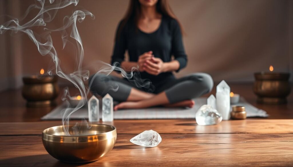 A serene sanctuary bathed in warm, soft light. In the foreground, a Tibetan singing bowl rests on a wooden table, its bronze surface gleaming. Swirling mists of incense drift around the bowl, imbuing the air with a soothing, cleansing aroma. In the middle ground, a person sits cross-legged, hands cupping the bowl as they gently strike it, producing a resonant, calming tone that reverberates through the space. Surrounding them, crystalline quartz points and clusters are strategically placed, amplifying the energy-clearing properties of the ritual. In the background, a neutral palette of earthy tones and natural textures creates a grounded, meditative atmosphere, inviting the viewer to become fully immersed in the restorative power of Tibetan singing bowl energy healing.