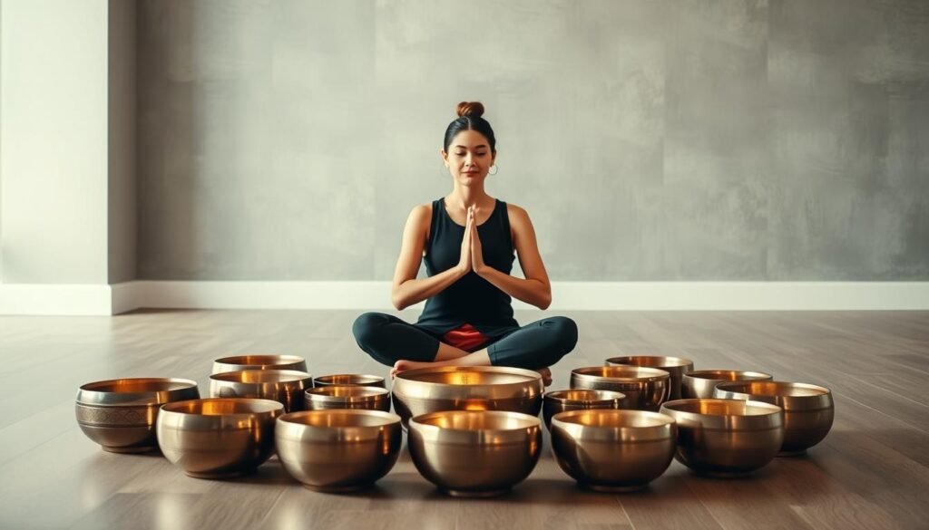 A serene scene of a person sitting cross-legged, hands resting gently on their lap, surrounded by an array of Tibetan singing bowls of various sizes. The bowls are arranged in a harmonious, geometric pattern, casting a warm, golden glow from the soft, directional lighting. The background is a tranquil, minimalist space, with muted tones and textures that evoke a sense of calm and introspection. The overall mood is one of peaceful focus, as the individual engages in the restorative practice of energy clearing through the resonant vibrations of the singing bowls.