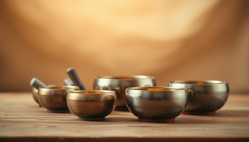 A serene scene of hand-crafted singing bowls arranged on a tranquil, wooden surface. The bowls, in a variety of sizes and metal hues, emit a soft, otherworldly glow, illuminated by warm, diffused lighting. In the background, a blurred, neutral backdrop creates a calming, meditative atmosphere, allowing the viewer to focus on the healing power of the singing bowls. The image conveys a sense of harmony, balance, and the soothing energy associated with women's reproductive health and wellness.