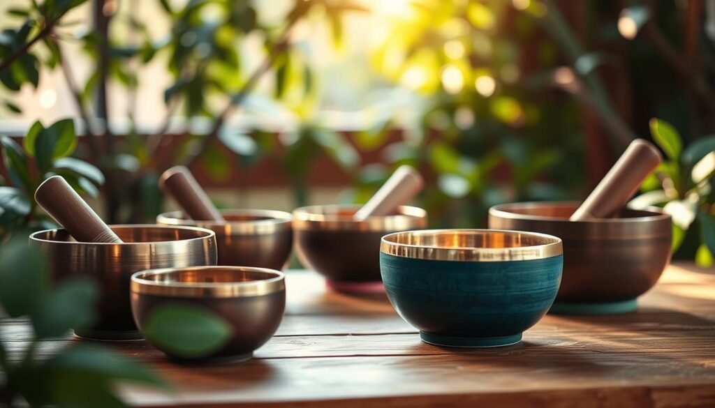 A serene scene of singing bowls arranged on a wooden surface, surrounded by soft-focus foliage and a warm, natural light. The bowls, in a range of sizes and hues, emit a gentle glow, symbolizing the harmonious balance of feminine energy. The composition evokes a sense of tranquility and introspection, inviting the viewer to engage in mindful, restorative practices. The camera angle is slightly elevated, capturing the bowls from an empowering perspective, mirroring the empowerment and self-care that these tools can bring to women's reproductive health.