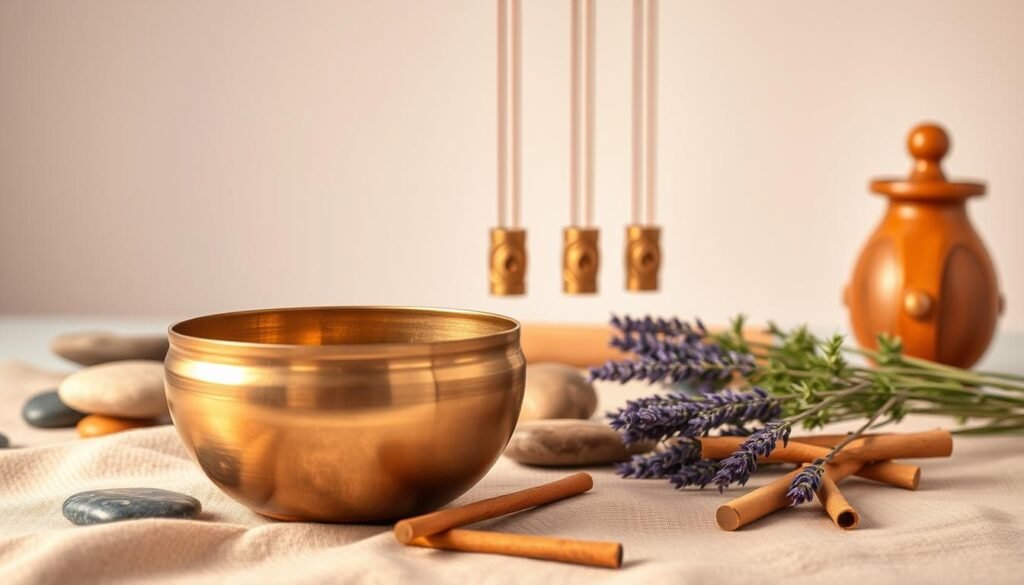 A serene still life arrangement showcasing an assortment of sound bath meditation tools. In the foreground, a polished brass singing bowl rests on a soft textile, its surface gently reflecting the warm, diffused lighting. Surrounding it are natural elements like smooth river stones, fragrant incense sticks, and a sprig of fragrant lavender. In the middle ground, a set of Tibetan meditation chimes hang delicately, their elegant curves catching the light. The background is a neutral, minimalist space, allowing the tranquil objects to take center stage and evoke a sense of peaceful contemplation.