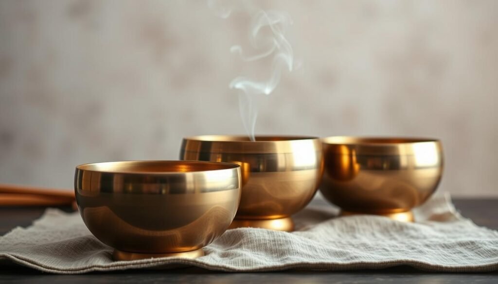 A serene still life capturing the essence of Tibetan singing bowls for energy healing. In the foreground, an arrangement of three gleaming bronze bowls, their surfaces reflecting the warm glow of soft lighting. The bowls are placed atop a natural linen cloth, evoking a sense of tranquility. In the middle ground, a wisp of fragrant incense smoke curls upwards, infusing the scene with a soothing, meditative atmosphere. The background features a minimalist, neutral-toned backdrop, allowing the bowls to take center stage and radiating a calming, restorative energy. The overall composition is balanced, inviting the viewer to pause, reflect, and experience the restorative power of Tibetan singing bowls.