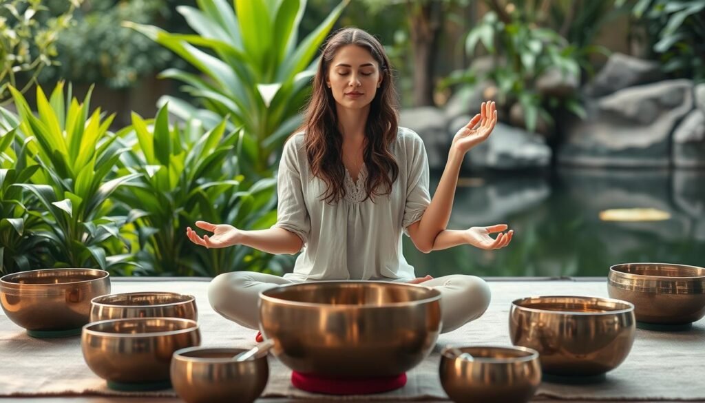 A serene woman sits cross-legged on the floor, palms upturned, as she meditates amidst a tranquil scene. Singing bowls of various sizes are arranged around her, their bronze surfaces catching the soft, diffused light. The air is filled with the soothing reverberations of their gentle chimes, creating a calming, meditative atmosphere. In the background, lush, verdant plants and a tranquil, mirrored pond suggest a natural, nourishing setting. The overall mood is one of deep introspection, healing, and a connection to the earth's rhythms, all in service of supporting fertility and new life.