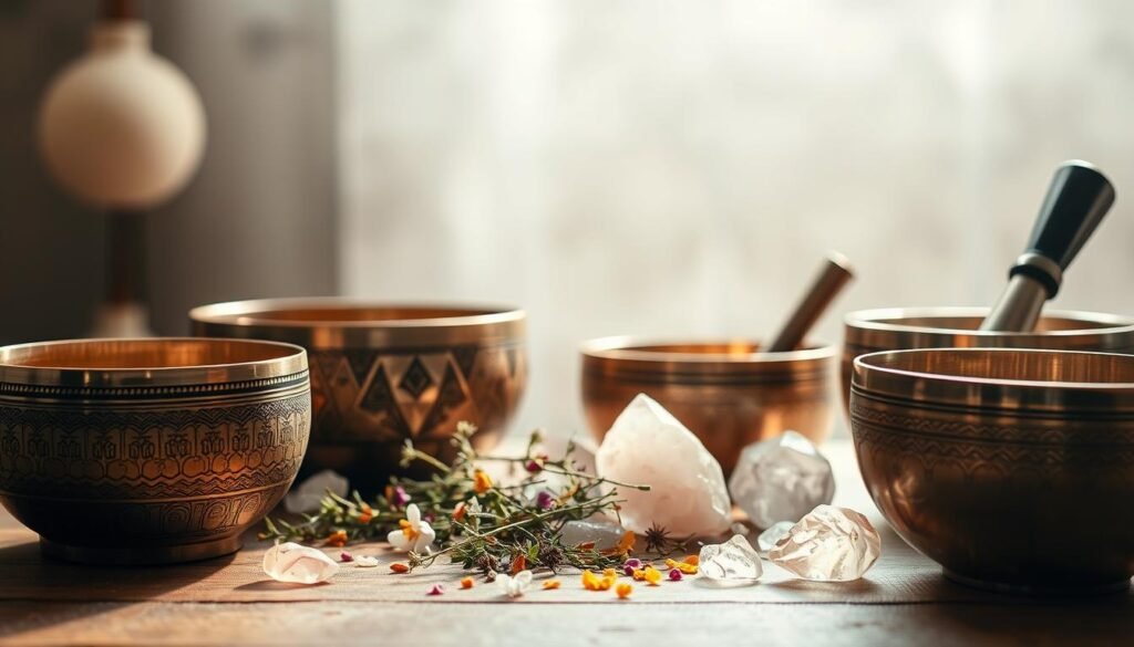 A still life arrangement of several singing bowls in varying sizes, shapes, and materials, including bronze, copper, and quartz, arranged on a wooden surface. The bowls are displayed in the foreground, with a soft, diffused light illuminating their intricate patterns and textures. In the middle ground, some dried herbs, flowers, and crystals, such as rose quartz, are scattered around the bowls, creating a calming, natural atmosphere. The background is hazy and blurred, evoking a sense of tranquility and focus. The lighting is warm and soothing, creating a meditative and nurturing ambiance, suitable for supporting fertility and chakra healing.